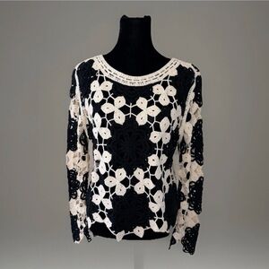 Cloth By Design Crochet Top Sweater Sz L Black Cream Floral Boho Crop Festival